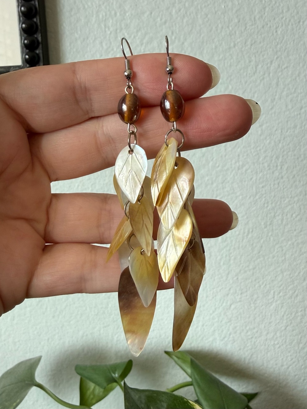 Vintage Handmade Natural Mother of Pearl Carved Shell Leaf Dangle Earrings Glass